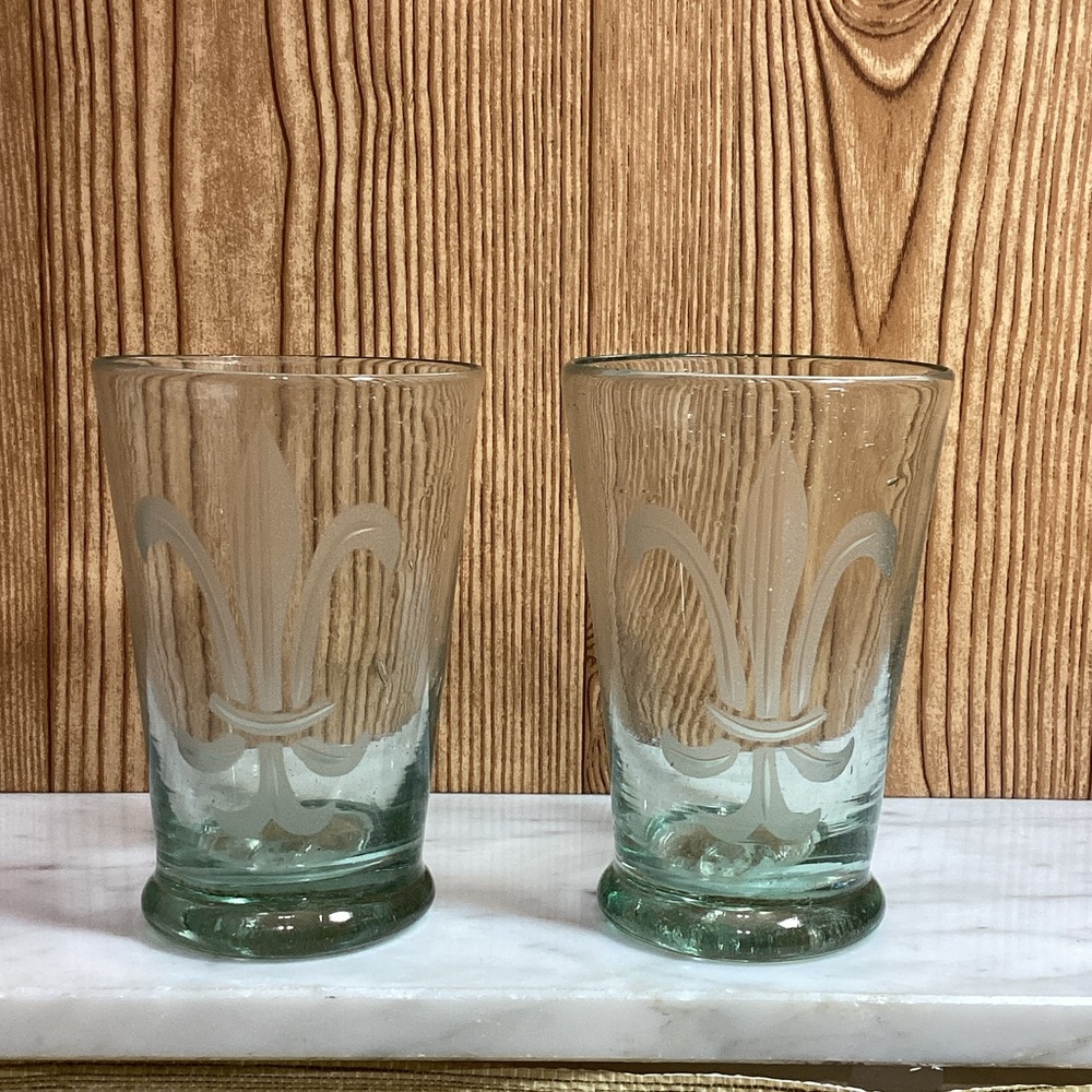 MARIPOSA Etched Green Glass Tumblers with Fleur-de-Lis Design SET OF 2